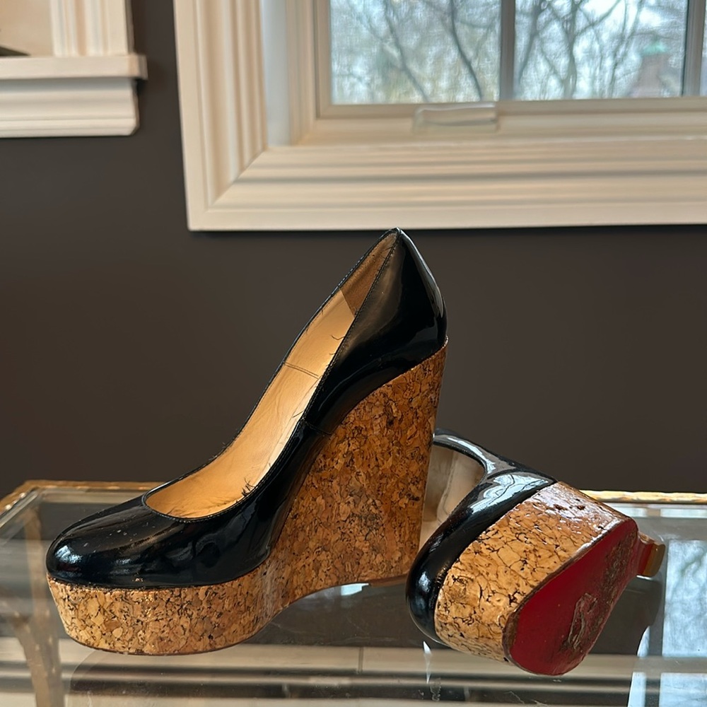 Christian Louboutin Black Patent Leather Cork Wedges Sz 37.5
